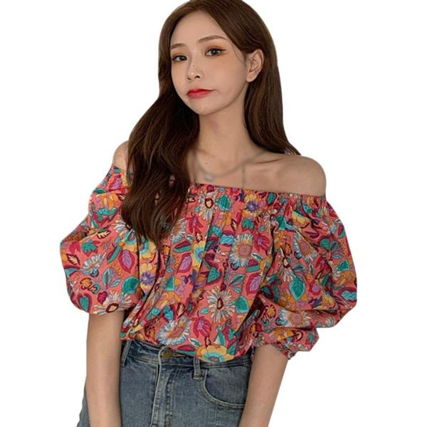 

women's blouses & shirts womens floral slash neck sweet summer casual chiffon short sleeve shirt, White