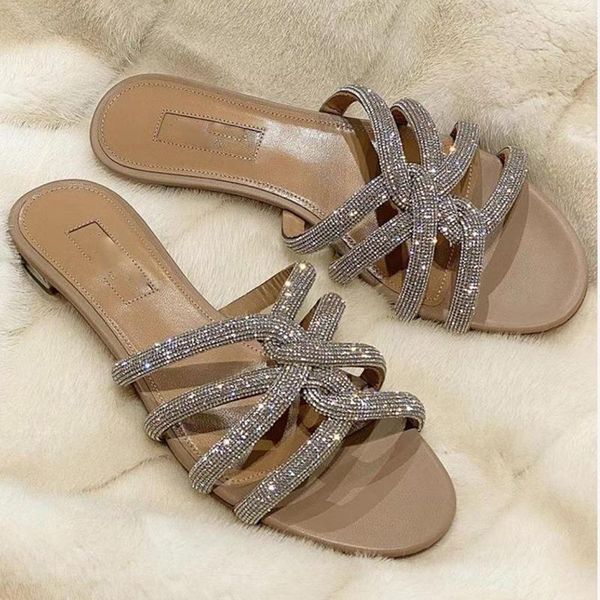 

slippers akexiya 2021 summer shoes woman style roman cross cutout rhinestone flat bottom open toe plus size outdoor women's, Black