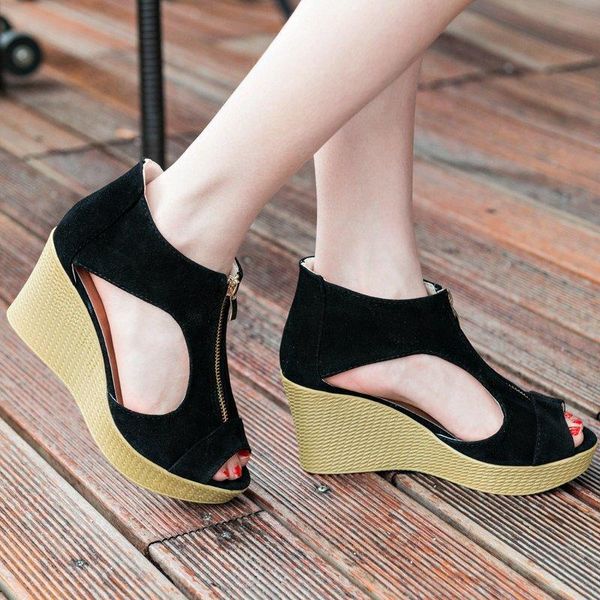 

platform wedge sandals women's summer 2021 fish mouth high heel women fashion all-match, Black