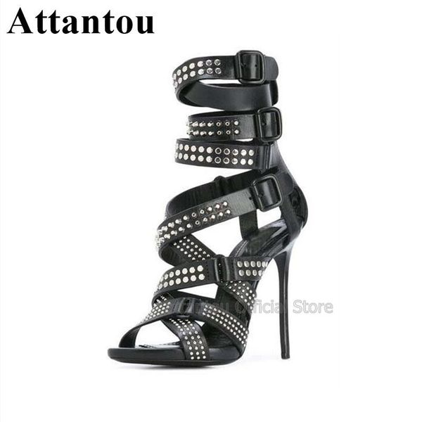 

black leather buckle straps rivet designer high heel sandals woman summer shoes