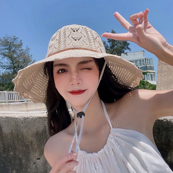 

wide brim hats hand cap female summer bow openwork knit bucket hat folding outdoor travel shade fisherman, Blue;gray