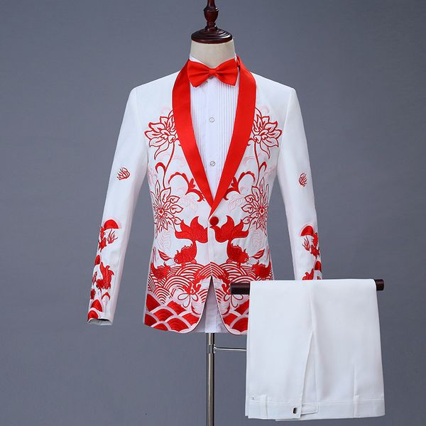 

suits luxury gold embroidery black party wedding men shawl collar tuxedo suit (jacket+pants) stage host singer clothes, White;black