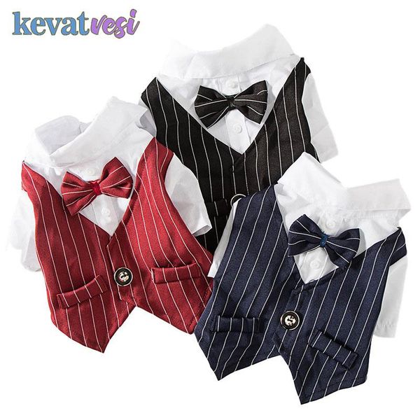 

dog apparel gentleman clothes stripe suit formal shirt with bow wedding puppy clothing pet small costume