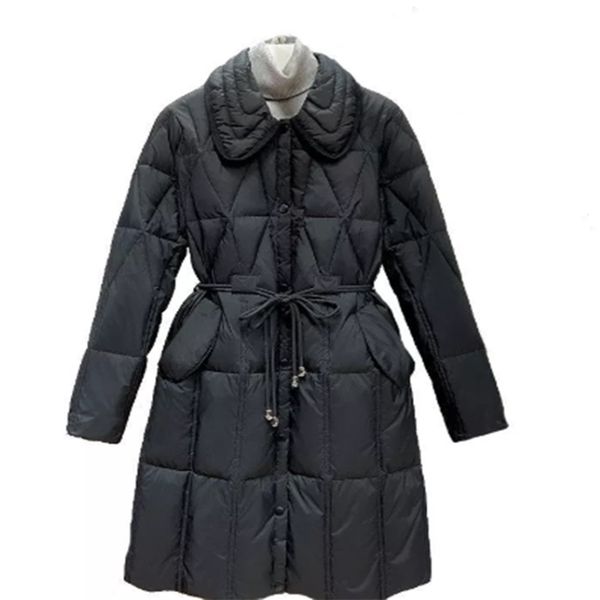 

winter women vintage solid sash tie up down long jackets office lady elegant warm white duck down windbreak coats 210819, Black