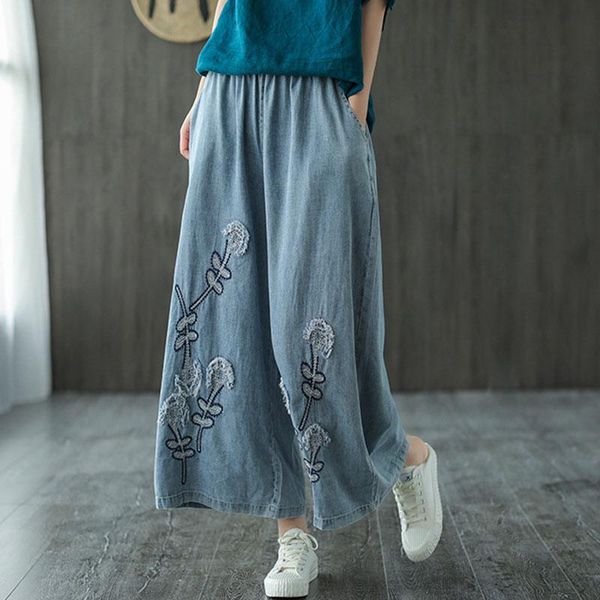 

women's jeans fairynatural loose casual vintage embroidery pockets denim wide leg pants 2021 summer women long elastic waist, Blue