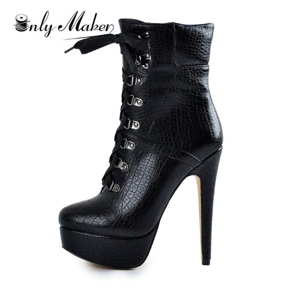 

boots onlymaker women's platform round toe lace-up ankle bootie stiletto high heels black crocodile side zipper big size