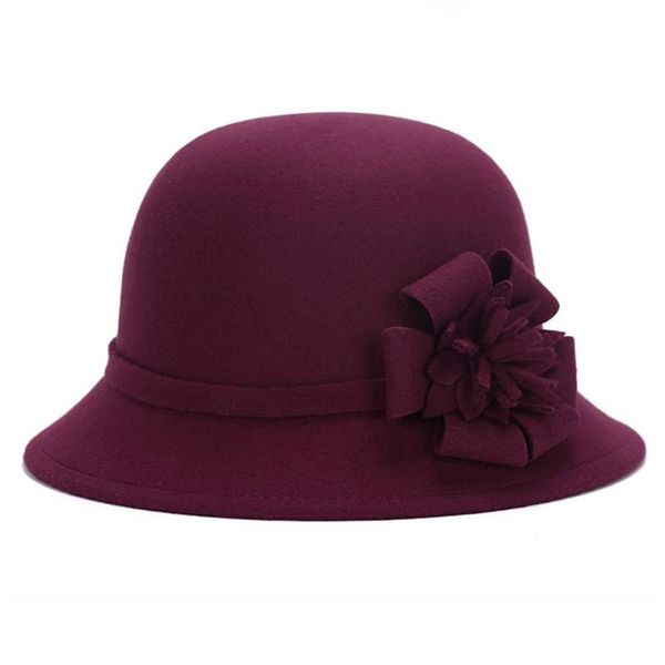 

wide brim hats women fashion round bucket hat elegant vintage holiday flower felt adults warm bowler cap imitation wool autumn winter, Blue;gray