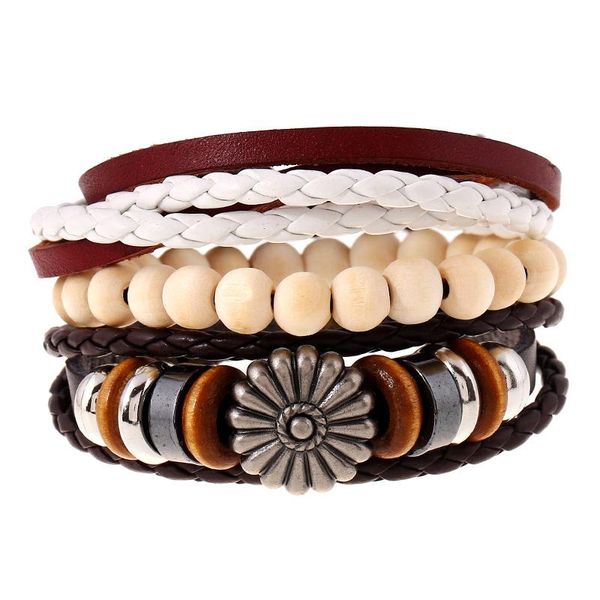 Armreif Jessingshow 3 Teile/satz Mehrschichtige Armbänder Aus Echtem Leder Blumen Holzperlen Armband Manschette Frauen Männer Schmuck