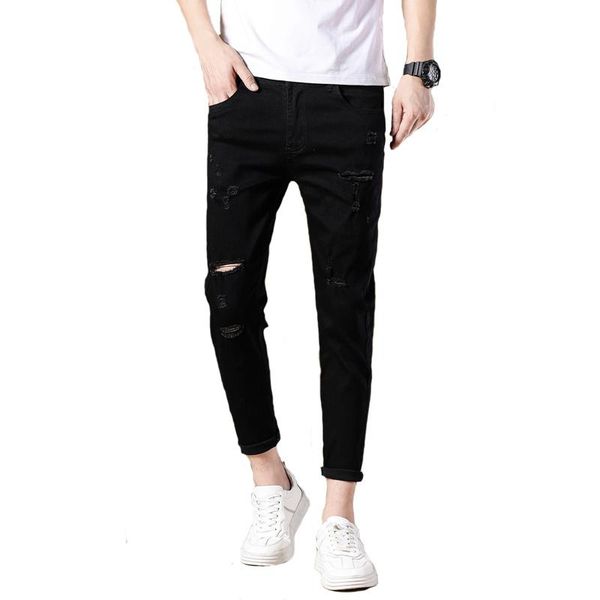 

men ripped jean slim thin black spring summer stretch holes male designer denim ankle-length pants skinny trousers men's jeans, Blue