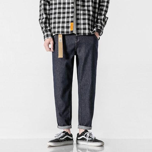 

fashion classic 21 spring wash casual jeans men's brand simple straight capris, Blue