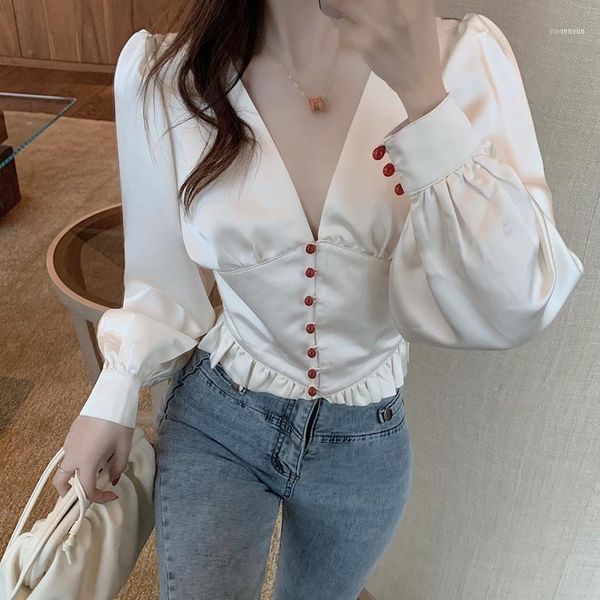 

femme white blouse women shirts womens and blouses woman 2021 autumn red single-breasted slim short