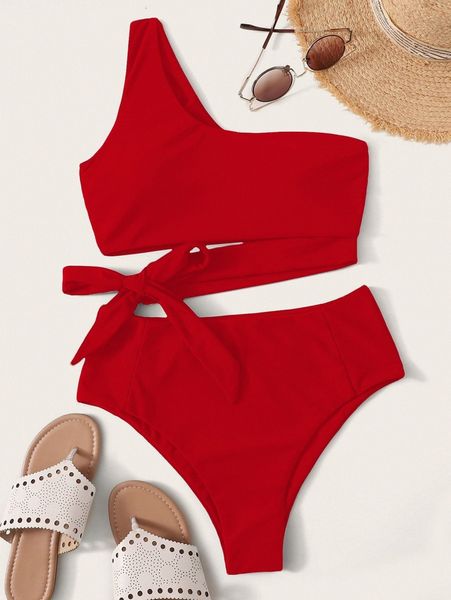 

knot side one shoulder bikini swimsuit z2au#, White;black