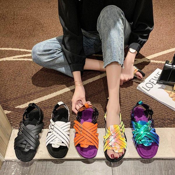 

women's fashion belt buckle wrap roman shoes summer 2021 open toe flat bottom dazzling color net red sandals, Black