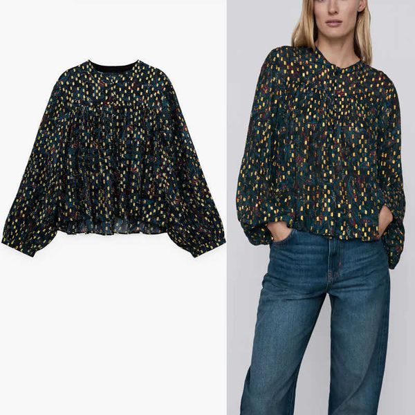 

za metallic dot mesh blouse women loose long puff sleeve vintage shirt female chic front button o neck pleated 210602, White