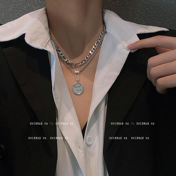 

chokers retro hip hop good luck round pendant necklace titanium steel clavicle chain choker necklaces trendy temperament punk jewelry, Golden;silver