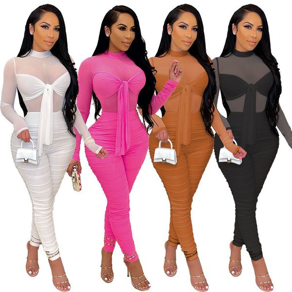 2024 Designer Sexy Malha Macacões Mulheres Plus Size 3X 4XL Macacão de Manga Longa Alta Stretchy Ver Através Bodycon Bodysuits Sheer Nightclub Wear Bandage Jumpers 6889