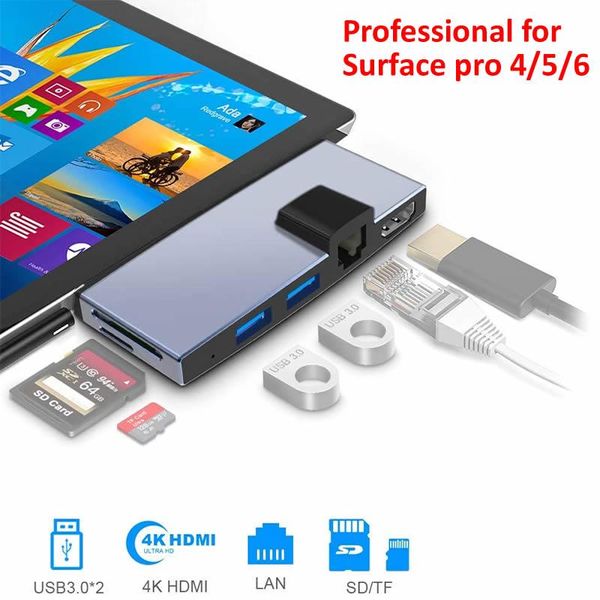 

hubs usb3.0 hub 4k -compatible usb splitter 3.0 100mbps ethernet adapter card reader sd/tf for surface pro 4/5/6
