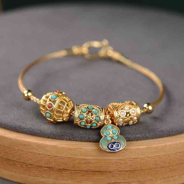 Древний золотой бирюзовый тыква браслет женщины ретро королевский суд стиль лотоса семенного орнамента