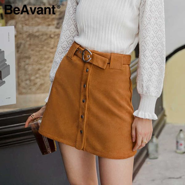 

beavant casual solid suede women skirt a-line belt metal buckle mini skirt elegant autumn winter soft short skirt ladies 210709, Black