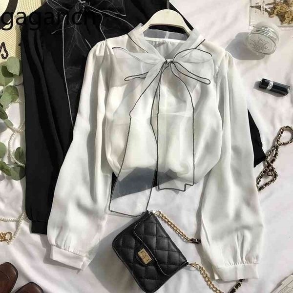 

gagarich women chiffon blouses fashion bow lace up lantern long sleeve ladies solid spring autumn fairy elegant shirt femme 210410, White