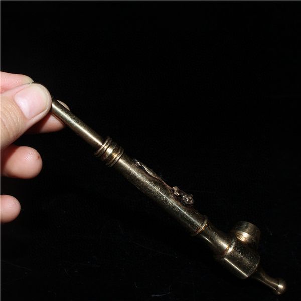 

chinese old craft embossed dragon tobacco pipe, Brown