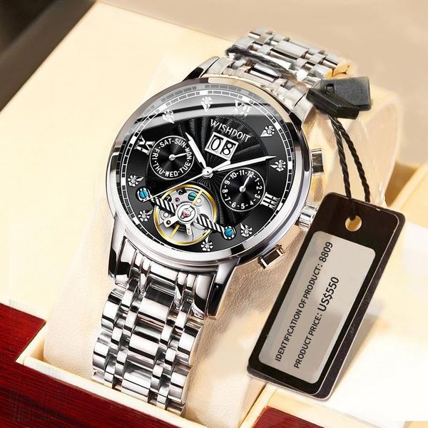 

wristwatches 2021wishdoit men's watch stainless steel automatic mechanical tourbillon casual fashion, Slivery;brown