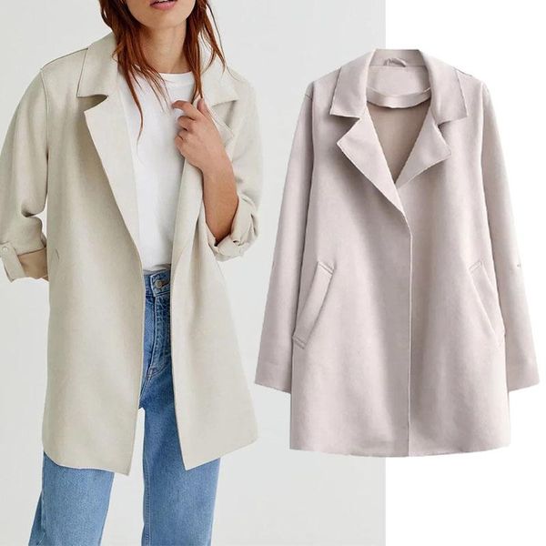 

women's trench coats women 2021 fashion lapel collar open woolen coat vintage long sleeve loose female outerwear chic overcoat, Tan;black