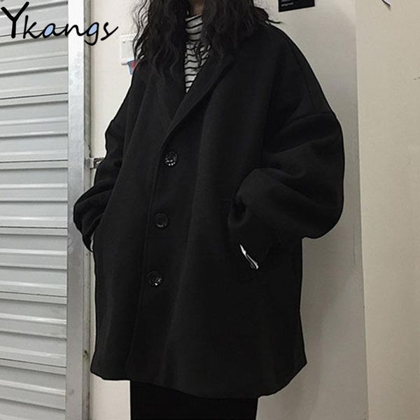 

women's wool & blends black solid casual couple coat loose long sleeve harajuku korean high street ulzzang pockets jackets women autumn