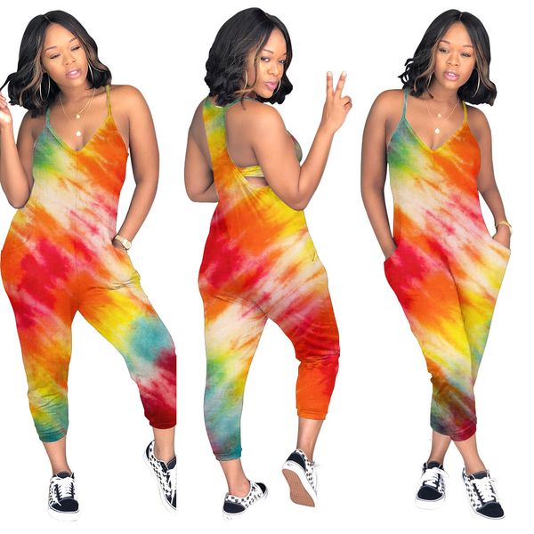 

fashion printing women leisure jumpsuits rompers with pockets summer est spaghetti v neck sleeveless loose pants sets full length, Black;white