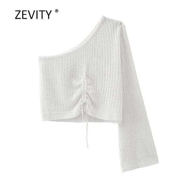 

women fashion single shoulder drawstring short sweater ladies basic casual slim thin sweaters chic leisure s307 210420, White;black