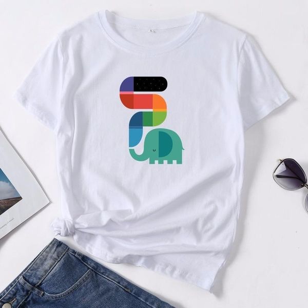 

women t shirt summer short sleeve cotton plus size 3xl aesthetic elephant print funny casual o neck female tshirt tees women's t-shirt, White