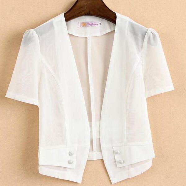 

women's suits & blazers plus size 5xl2021 summer mesh women shawl short jacket short-sleeved v-neck office lady blazer, White;black