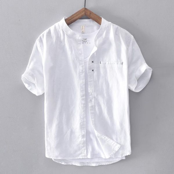 

mens short sleeve stand collar cotton and linen shirt summer white shirts men brand casual solid male camisa chemise men's, White;black