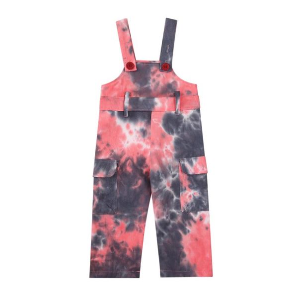 

jumpsuits baby girls canvas suspender trousers pink grey tie-dyed print straight long pants overalls with pockets for 1-6 years, Blue
