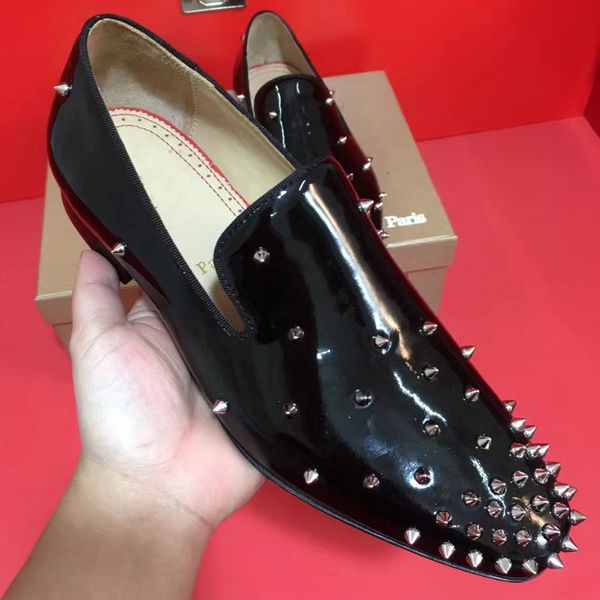

luxury brand red bottom dress shoes solid black real leather low cut heel metal rivet gentry flats for men spikes casual loafers [originals