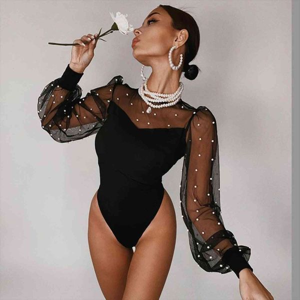 

bodysuits round collar mesh womens romper chiffon polka dots long sleeve bodycon jumpsuits tight solid color high waist, Black;white