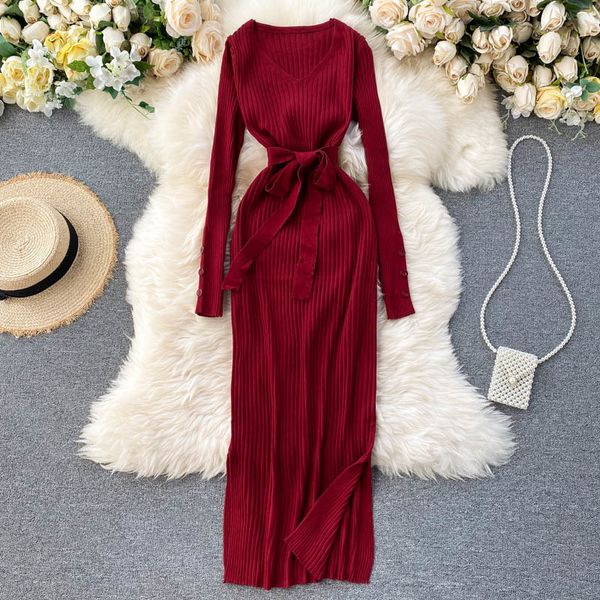 

spring and autumn women black vintage knitted dress simple solid basic v-neck long sleeve over the knee female 210514, Black;gray