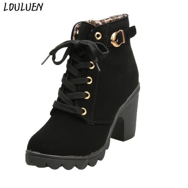 

boots louluen 2021 fashion womens high heel lace up ankle ladies buckle platform shoes roman laarzen bottes mujer, Black