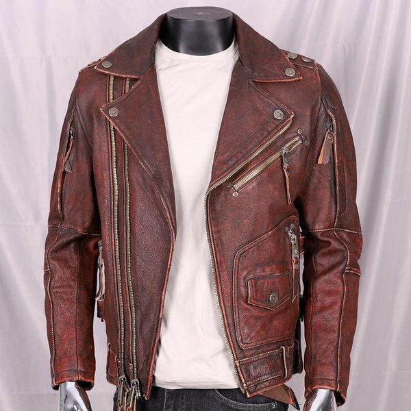 

men's leather & faux motorcycle riding clothes punk heavy layer cowhide retro made old genuine coat short slim biker jacket, Black