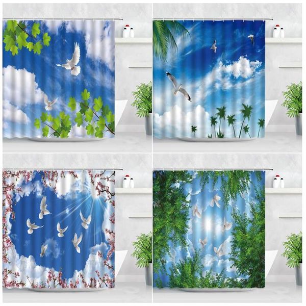 

shower curtains spring scenery curtain set blue sky white cloud bird green leaf plant landscape waterproof fabric bathroom decor