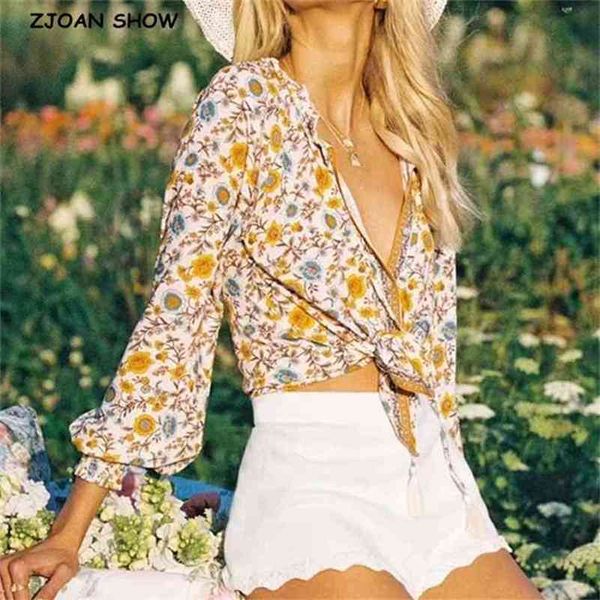 

bohemian bandage lacing up wood ear collar floral print long sleeve shirt boho holiday women blouse loose causal 210429, White
