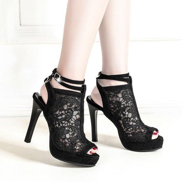 

sandals stylish mesh fish-tip with thin heels and high empty buckle platform shoes, Black