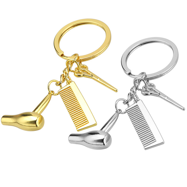 

10pcshair stylist essential hair dryer scissors comb decorative keychains hairdressers gift key rings hair dryer keyring, Silver