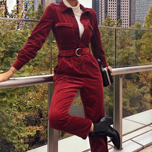 

fashion women vintage long sleeve jumpsuit solid color casual belt work overalls ladies selling button long jumpsuit 210702, Black;white