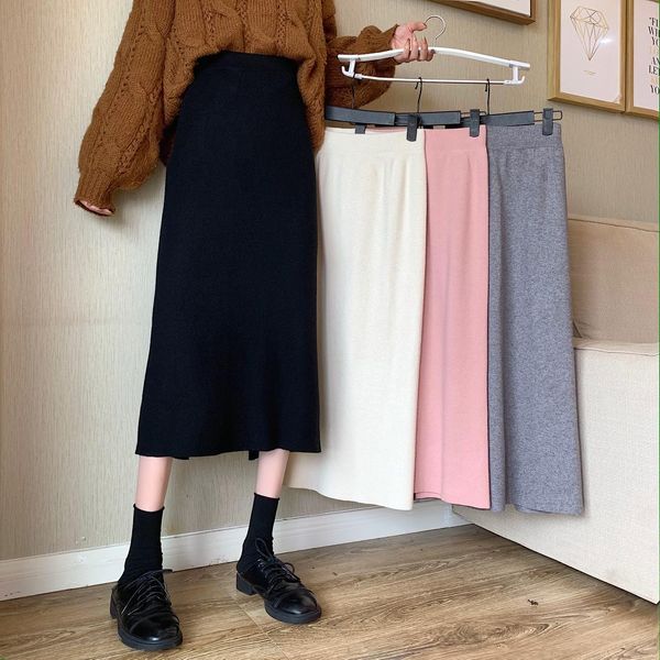 

autumn winter knitted women's mid-length slit high waist skirt 210514, Black