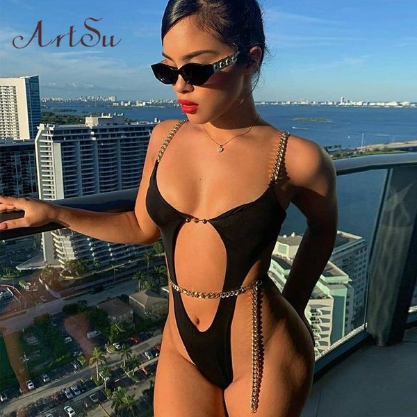 

women's jumpsuits & rompers summer swimwear one pieces bikini swimsuit chain bodyduits backless cutouts body female bathing suit, Black;white