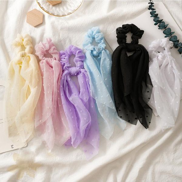

fashion solid color seersucker hair accessories for women elastic band ribbon tied gum ponytail holder long scarf scrunchie1