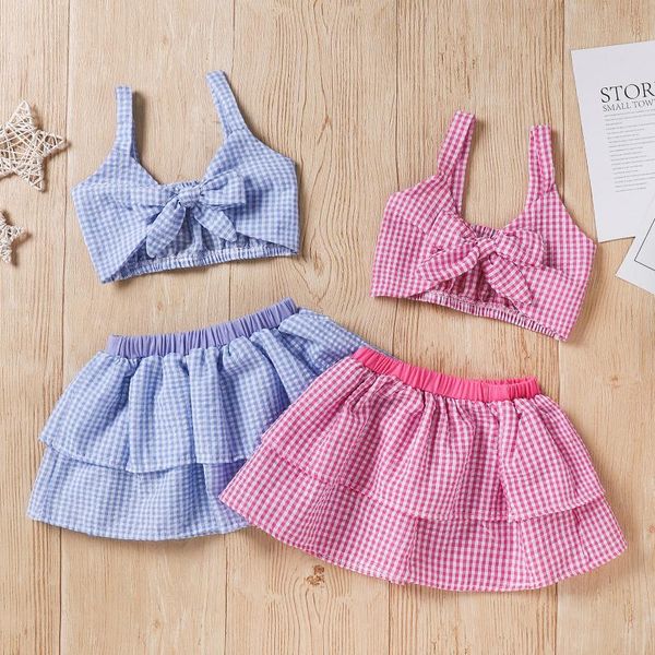 

summer girls clothes sets toddler baby kid plaid v-neck sleeveless crop short skirt 2pcs outfits fashion children clothing, White