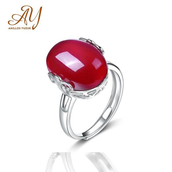 

cluster rings anillos yuzuk women's 925 sterling silver jewelry ring with oval cut blue red green agate wedding gifts adjust size, Golden;silver