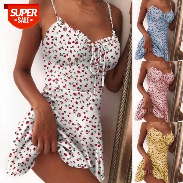 

2020 women fruit printed sweet sling dress ladies summer fashion sleeveless v-neck lace-up party shopping daily wear #g723, White;black